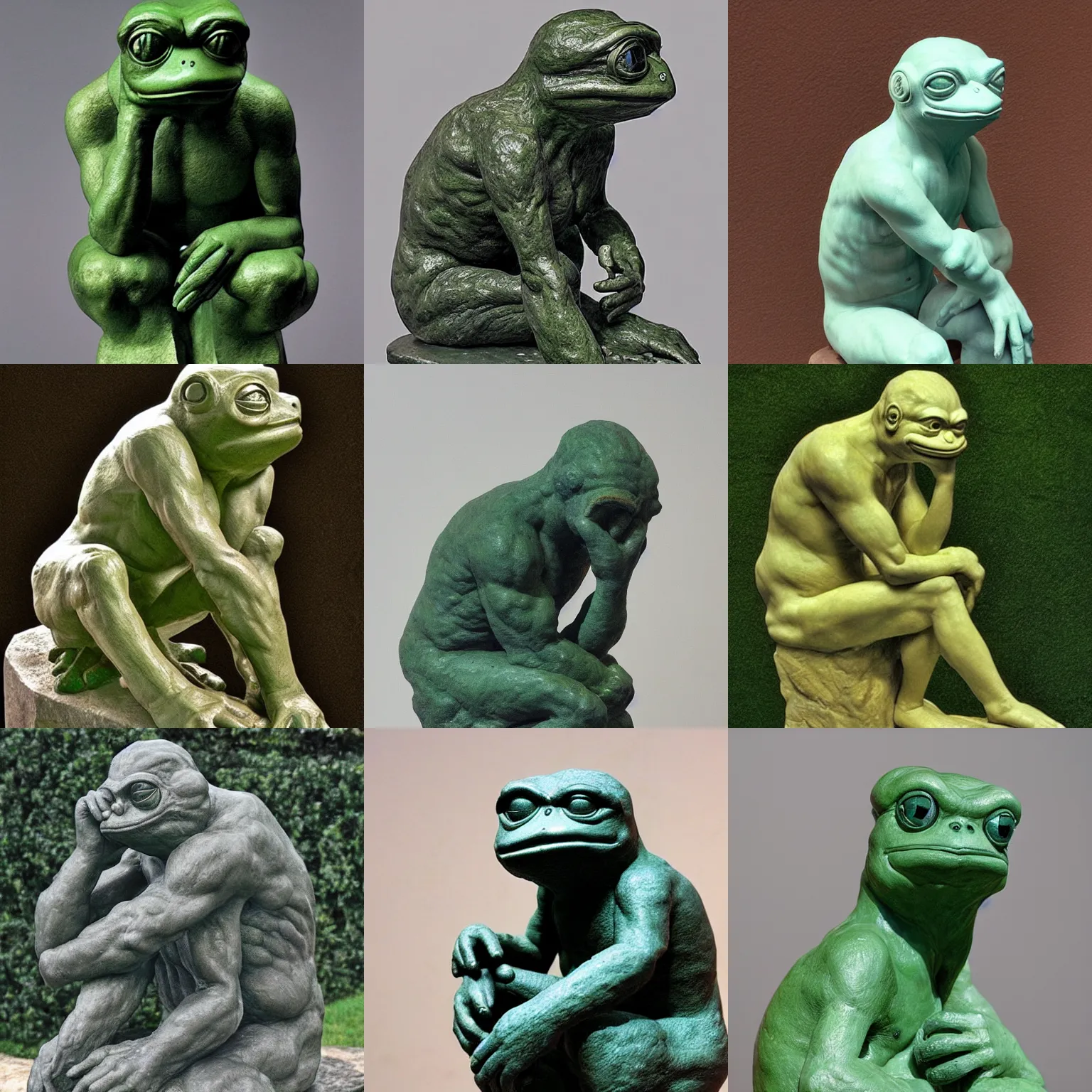 Prompt: the thinker pepe the frog by Auguste Rodin