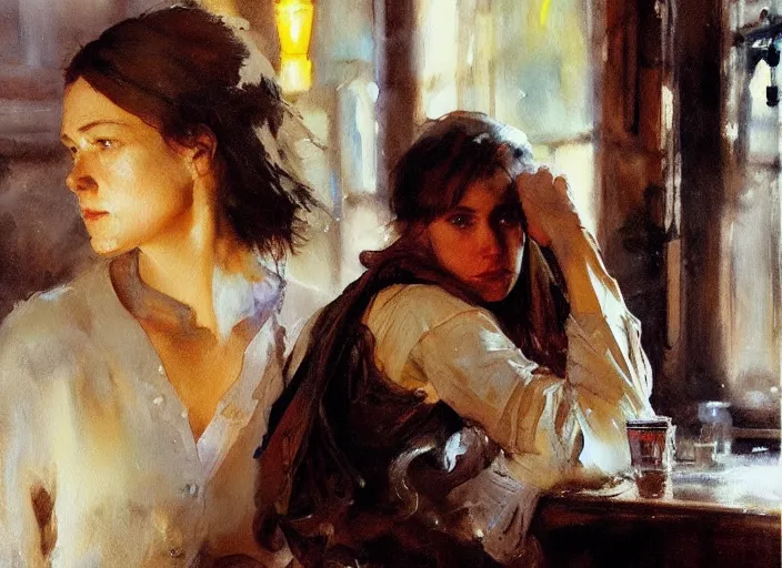 Prompt: oil watercolor painting of young rugged woman in western bar, shaven stubble, short hair, mysterious light, art by anders zorn, wonderful masterpiece by greg rutkowski, beautiful cinematic light, american romanticism by greg manchess, creation by tyler edlin