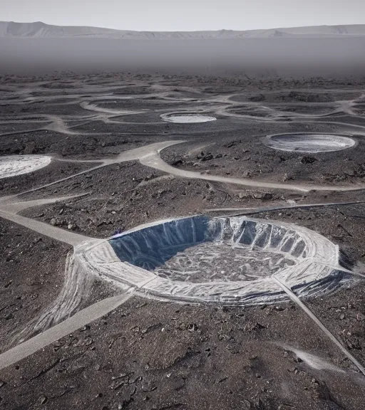 Image similar to hyperealistic render of a white bioremediation architecute in the mining tailings in chuquicamata city, atacama desert filled with stars at night, hazy and misty, uhd, high detail, corona render, unreal engine, ue 5, vray