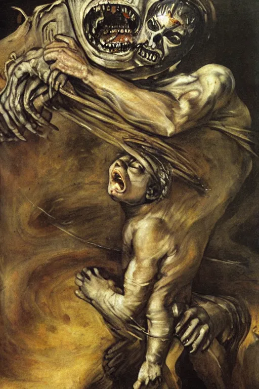 Prompt: canvas painting of saturn devouring his son in the syle of giger, giger art, francisco goya, mural, wall painting, extremely detailed, museum