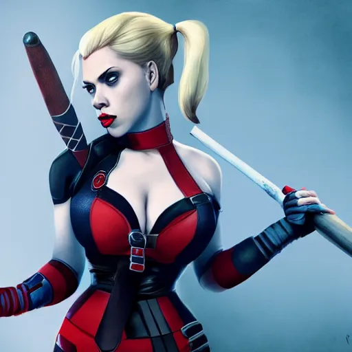 Image similar to Scarlett Johansson as Harley Quinn, holding bat, digital, artstation, cgsociety, 4k, high detail