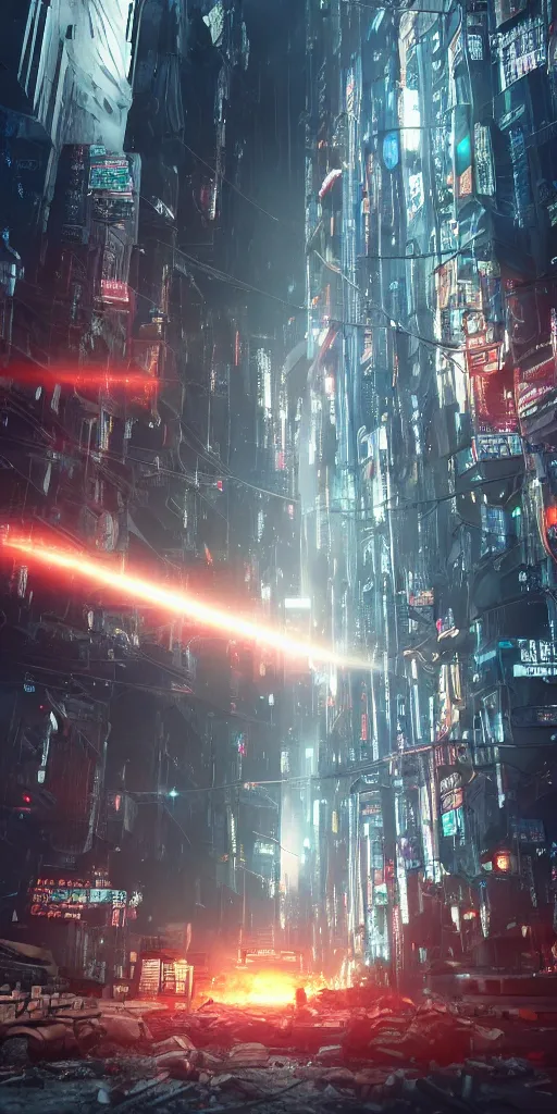 Image similar to a giant portal destroying a dystopian city, cyberpunk, sharp focus, dynamic lights, still, photograph, hyper realistic, masterpiece, octane render, rendered, 3 d, cinematic, cinematic lighting, dramatic lighting, highly detailed, intricate details, texture, cinematic composition, wide shot, by donglu yu and kevin jick and eddie del rio