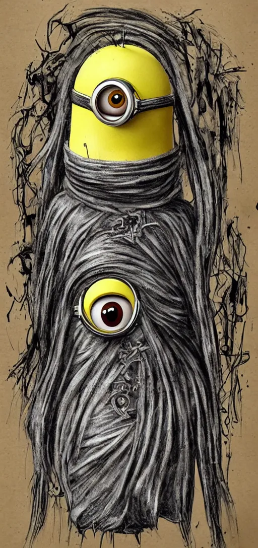 Image similar to a Minion in the style of Hr Giger