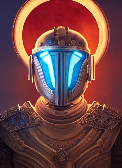 Prompt: the pale blond sun god apollo smirking, imperial centurion helmet, full body shot, steampunk, glowing eyes, volumetric lights, red and cyan theme, art nouveau botanicals, intricate, highly detailed, digital painting, artstation, concept art, smooth, sharp focus, cinematic, illustration, beautiful face, art by artgerm and greg rutkowski and alphonse mucha