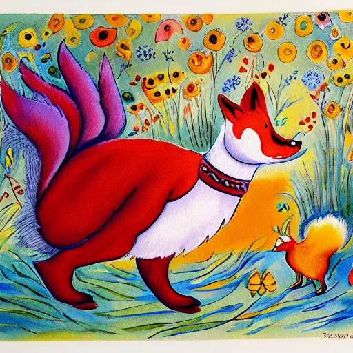 Image similar to a smug fox dances with a pretty chicken, Louis William Wain watercolor,