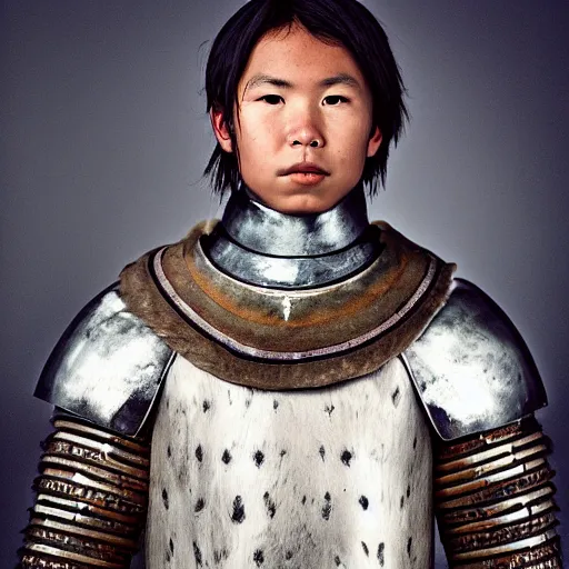 Image similar to a portrait of a beautiful young inuit male wearing an alexander mcqueen armor , photographed by andrew thomas huang, artistic