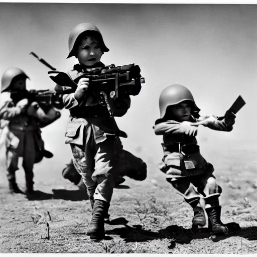 Image similar to Babies going to war, WW2 photography, very patriotic, white and black photography, 8k