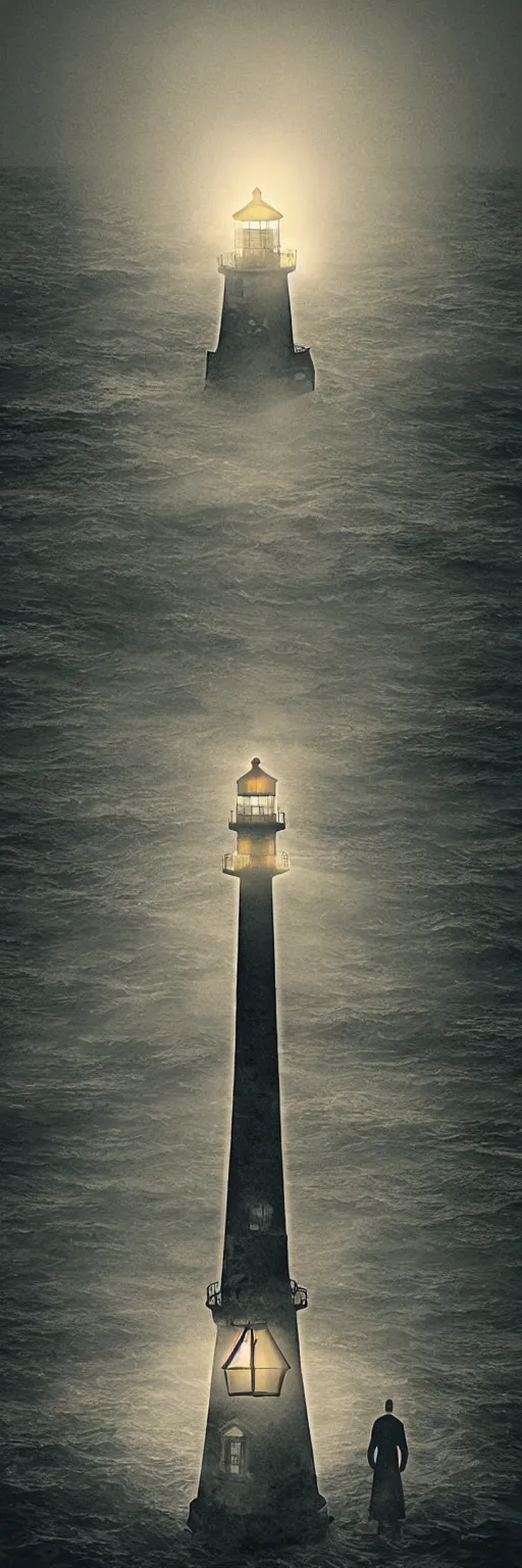 Image similar to lighthouse in the middle of the ocean, covered in silent hill style sigils, horror, person standing with a lantern centered in the foreground, spooky, scary