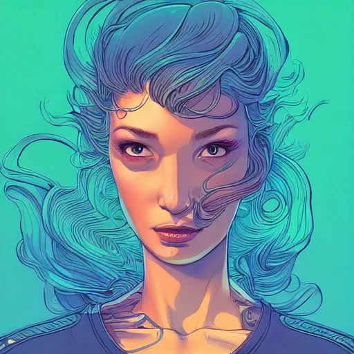 Image similar to a beautiful detailed line art illustration centered character portrait glamour shot of an attractive female biting her lip, centered, by dan mumford and moebius and paul lehr and beeple, trending on artstation, plain background, photoreal, 8 k, 3 d sculpture, unreal engine