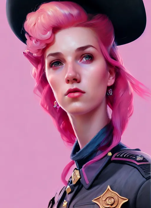 Prompt: female sheriff, beautiful girl, full body, pink hair, cowboy hat, realistic, serov, surikov, vasnetsov, repin, kramskoi, insanely detailed, charlie bowater, tom bagshaw, high resolution, octane rendered, unreal engine, illustration, trending on artstation, masterpiece, 8 k