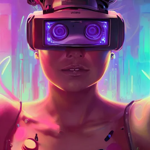 Prompt: portrait of a beautiful cybernetic party girl wearing a oculus rift headset, cyberpunk concept art by pete mohrbacher and artgerm and wlop and jose gonzales and syd mead, digital art, highly detailed, intricate, sci-fi, neon colors, sharp focus, Trending on Artstation HQ, deviantart, unreal engine 5, 4K UHD image