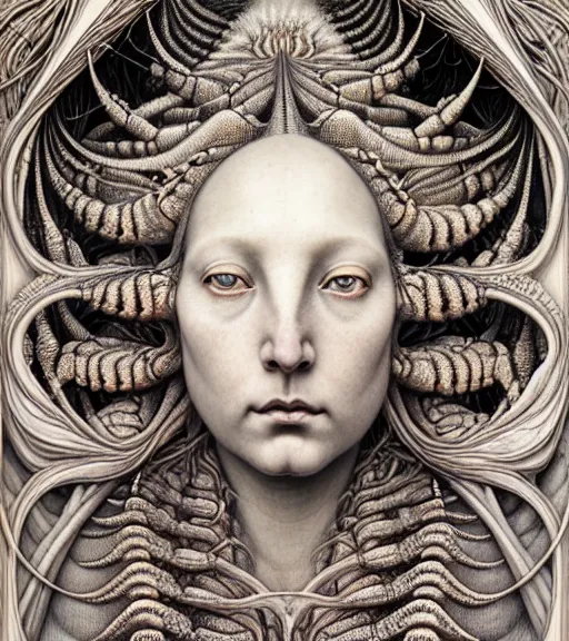 Image similar to detailed realistic beautiful crab goddess face portrait by jean delville, gustave dore, iris van herpen and marco mazzoni, art forms of nature by ernst haeckel, art nouveau, symbolist, visionary, gothic, neo - gothic, pre - raphaelite, fractal lace, intricate alien botanicals, ai biodiversity, surreality, hyperdetailed ultrasharp octane render