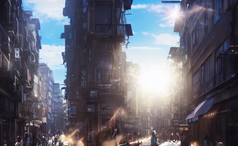 Image similar to photorealistic blame! city streets. daylight. sunlight. lens flare. light fixtures. 8K. detailed. photorealism. artstation, ghibli. 25mm f/1.7 ASPH Lens. ultra realistic