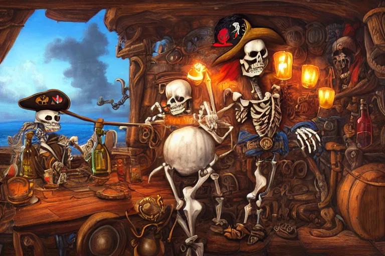 Prompt: pirate skeleton drinking beer by Justin Gerard