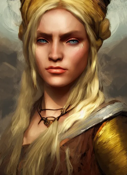 Image similar to blonde peasant woman, fantasy, medieval, vivid colors, fantasy, elegant, concept art, sharp focus, beautiful face!!, digital art, hyper - realistic, 4 k, unreal engine, highly detailed, hd, dramatic lighting by brom, trending on artstation