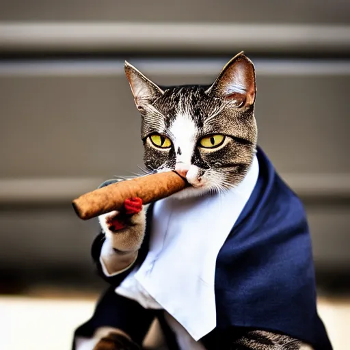 Image similar to cat wearing a suit smoking a cigar