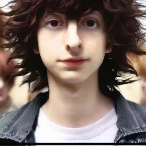 Image similar to a screenshot of finn wolfhard as l in death note ( the anime ) ( 2 0 0 6 ), anime, vhs quality