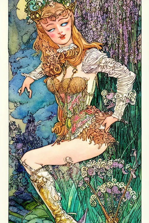 Image similar to puss in boots, fantasy art, trending on artstation, sleeping beauty fairytale, art by hans zatzka and walter crane and kay nielsen, watercolor illustration,