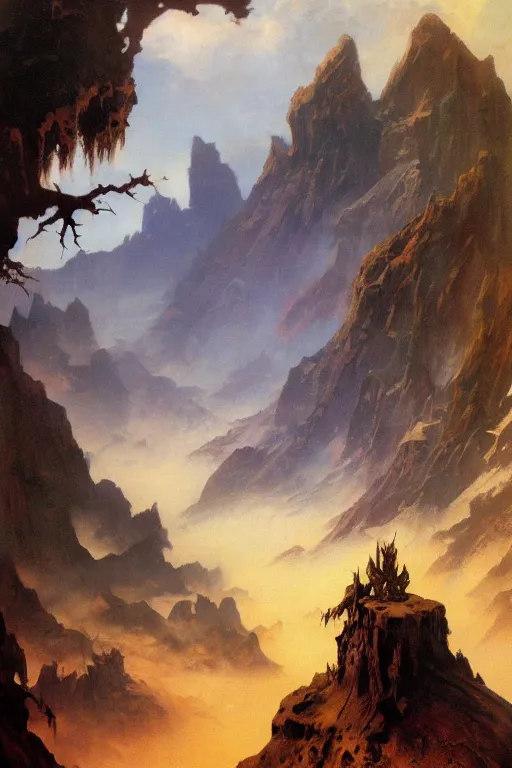 Image similar to beautiful fantasy landscape by frank frazetta, trending on artstation