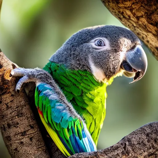 Image similar to award winning nature photograph of a parrot's beak on a koala in a tree. the koala is eating a eucalyptus leaf. focus on the beak. extreme detail, hyperrealistic photo, smooth, trending on artstation