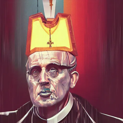 Prompt: cyberpunk pope francis with mitre as the leader of a futuristic communist nation, cybernetics, sharp lines, digital, artstation, colored in