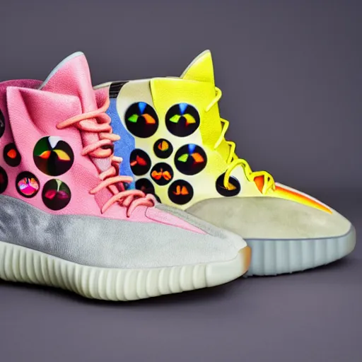 Image similar to Yeezy shoe design inspired by Takashi Murakami, product photography, sneaker photo, studio lighting, professional photoshoot