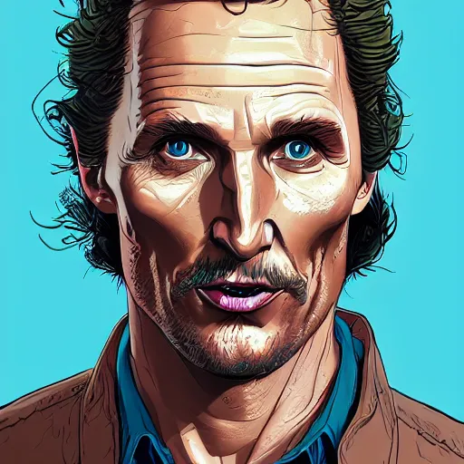 Image similar to a study of cell shaded portrait of matthew mcconaughey concept art, llustration, post grunge, concept art by josan gonzales and wlop, by james jean, Victo ngai, David Rubín, Mike Mignola, Laurie Greasley, highly detailed, sharp focus, alien, Trending on Artstation, HQ, deviantart, art by artgem