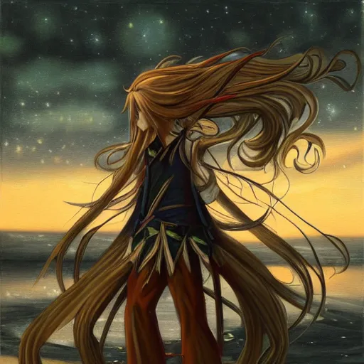 Prompt: oil painting of a long hair anime ELF dancing in the moonlight l Trending on Pixiv