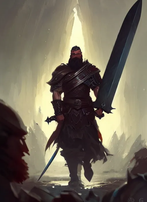 Image similar to epic bearded war commander with gigantic sword and large shield. highly detailed, digital painting, concept art, smooth, sharp focus, illustration, art by greg rutkowski