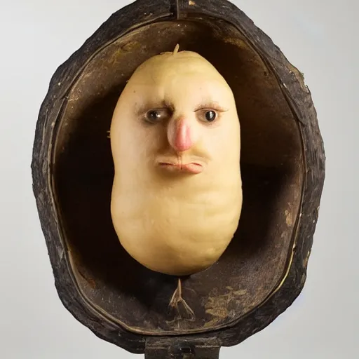 Prompt: a taxidermized potato with a human face, in a museum, 8 5 mm lens, 7 0 mm entrance pupil diameter