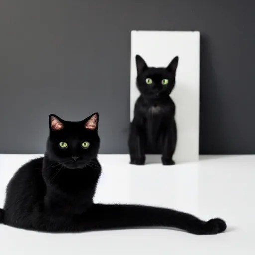 Image similar to studio photograph of a black cat sitting on a white table