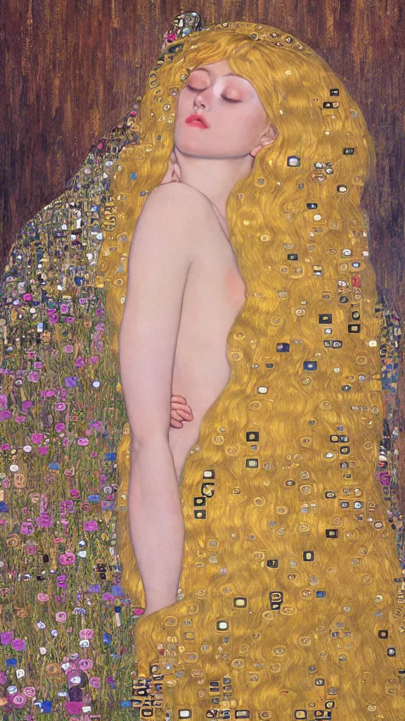 Image similar to a soft and breathtaking detailed painting of a full body sleeping blonde princess in the style of Gustav Klimt, blonde hair, shiny gold, elegant, highly detailed, artstation, fluo colors, concept art, matte, sharp focus, art by Gustav Klimt