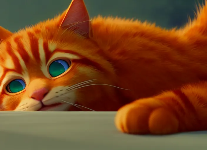 Image similar to a wholesome animation key shot of a ginger cat sleeping, close up, studio ghibli, pixar and disney animation, sharp, rendered in unreal engine 5, clear sky, anime key art by greg rutkowski, bloom, dramatic lighting