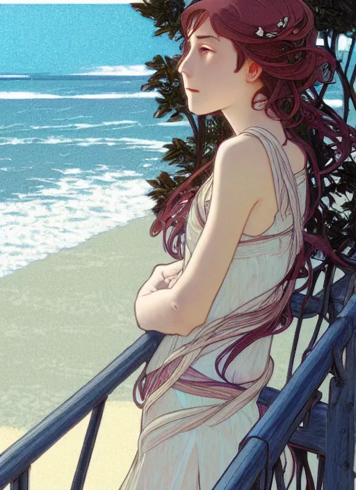 Prompt: pretty young woman leaning against the railing at the beach, path traced, highly detailed, high quality, digital painting, by studio ghibli and alphonse mucha, leesha hannigan, makoto shinkai, disney