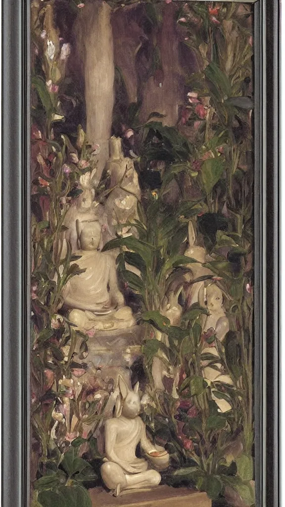 Image similar to a budda rabbit statue between crowd of people prayers in a botanical room by john singer sargent