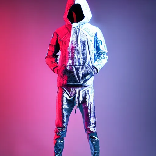 Image similar to a mannequin dressed in a futuristic cyberpunk outfit, hoodie, baggy pants, fashion photography, studio lighting, ash thorp