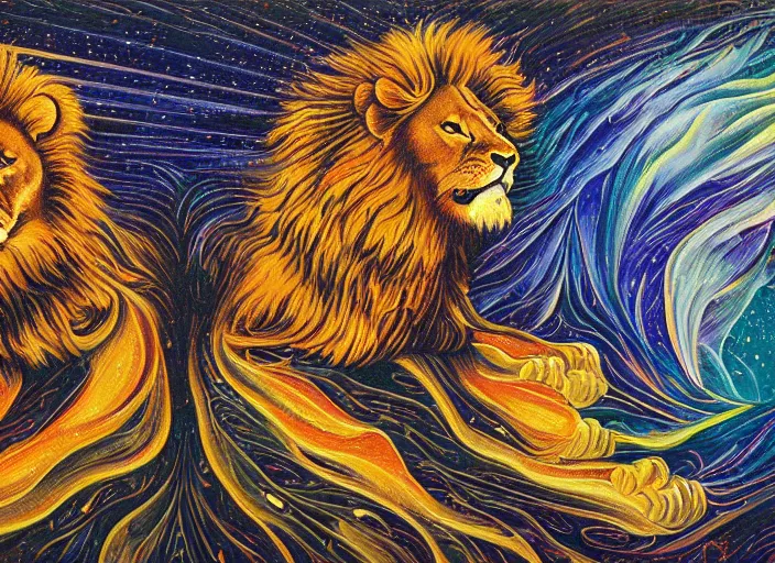 Prompt: An oil on canvas painting of two lions, void vortex, cosmic, by Dan Mumford and Umberto Boccioni,, aesthetically pleasing composition, masterpiece, ultra-realistic, super realistic, 4k, 8k