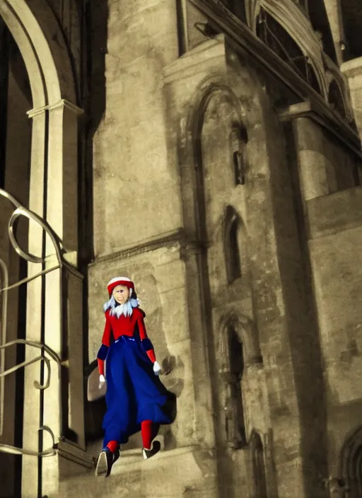 Image similar to charming elf girl climbing the stairs to the cathedral, anime still, Madhouse Animations