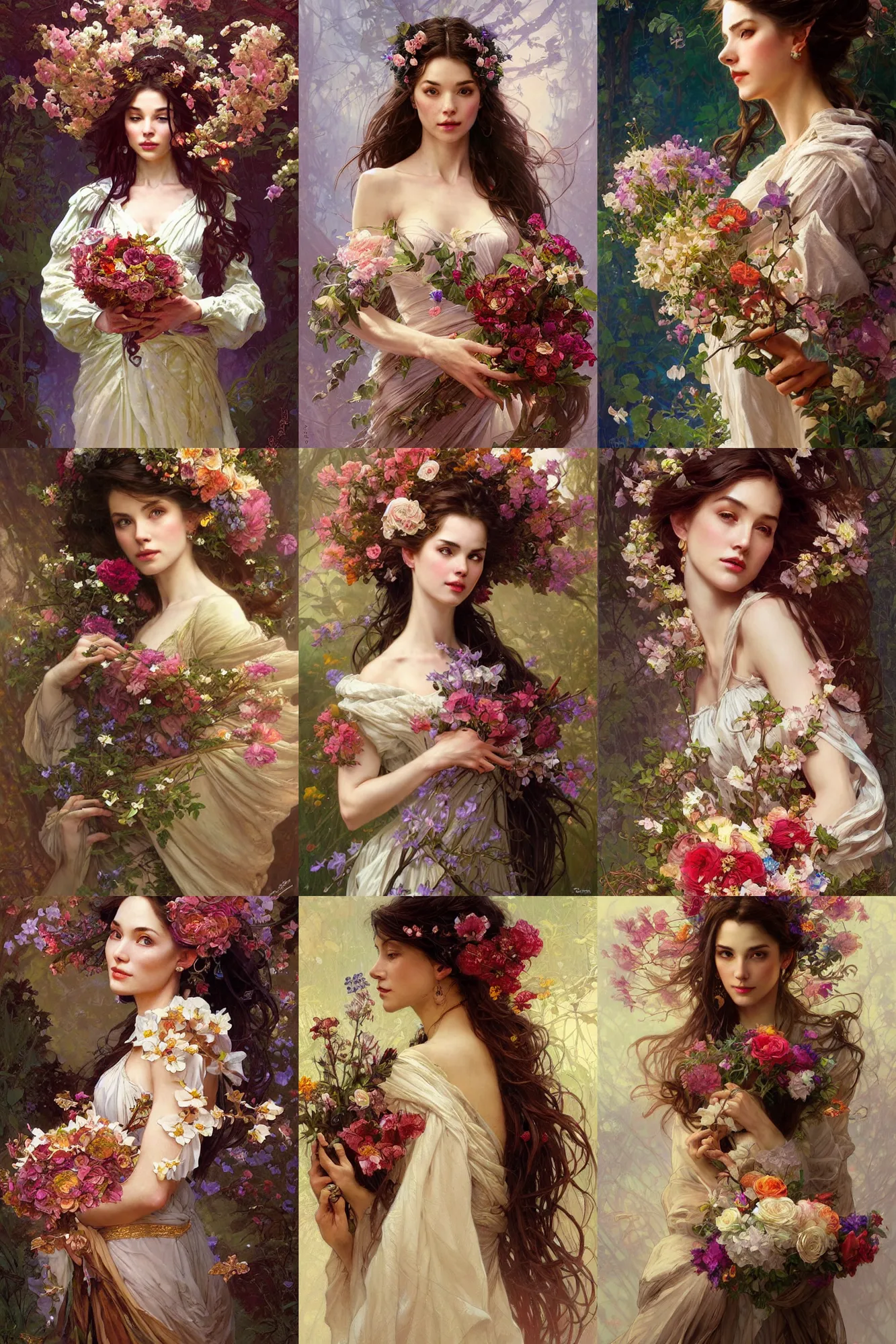 Prompt: portrait of a beautiful mysterious woman holding a bouquet of flowing flowers, fantasy, regal, intricate, by stanley artgerm lau, greg rutkowski, thomas kindkade, alphonse mucha, loish, norman rockwell
