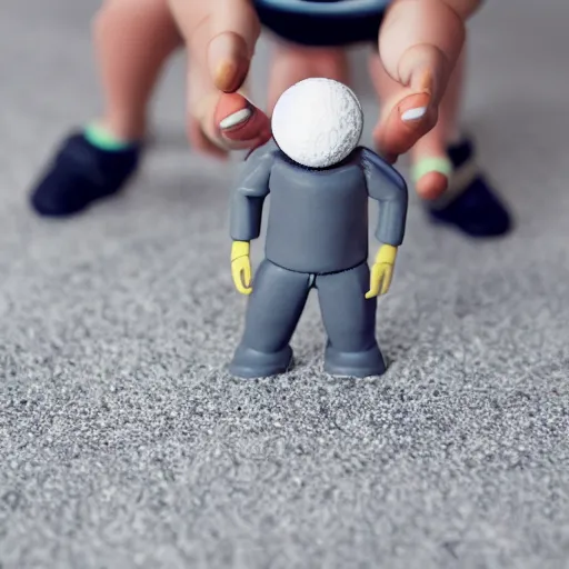 Prompt: photo of vinyl plastic painted toy grey moon face with craters with hands standing on legs wearing sneakers