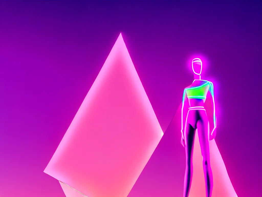 Image similar to beautiful mannequin sculpted out of amethyst by billelis + lit with 3 d geometric neon + facing a doorway opening with neon pink geometric fractal light + city of los angeles + moon in background!, rule of thirds, clean linework, dramatic, award winning, 4 k, trending on artstation, photorealistic, volumetric lighting, octane render