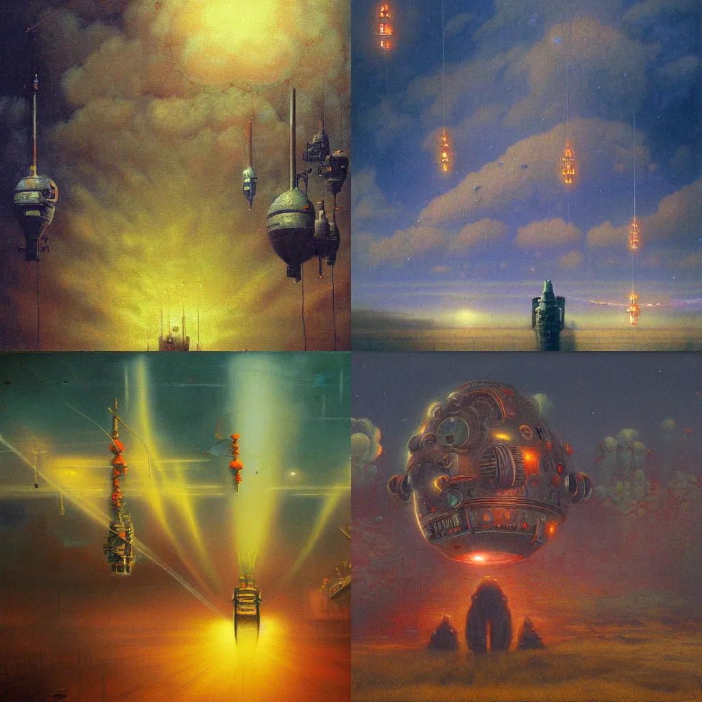 Prompt: detailed painting of a scifi gadget, exterior, floral ornaments, volumetrics lights, beam of bright lights through the clouds, beksinski, bougeureau