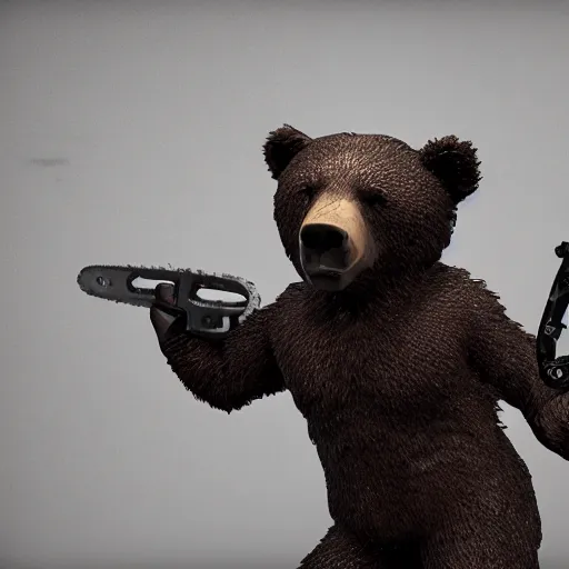 Image similar to bear with chainsaw arms, unreal engine 5, realistic, dark, moody, godrays, 8k