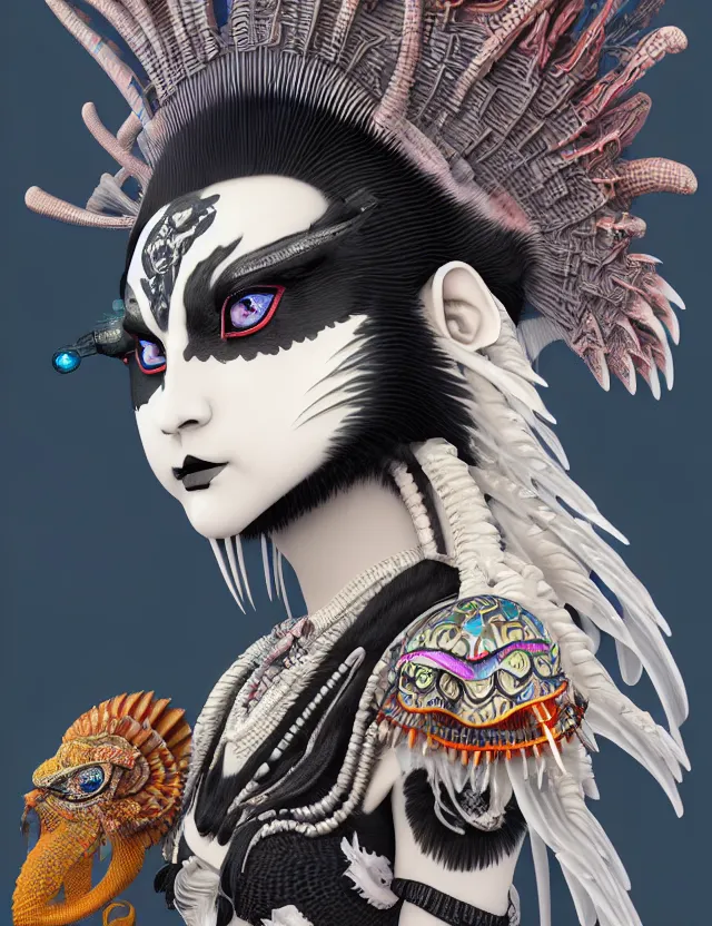 Image similar to 3 d goddess close - up profile portrait punk with mohawk with ram skull. beautiful intricately detailed japanese crow kitsune mask and clasical japanese kimono. betta fish, jellyfish phoenix, bio luminescent, plasma, ice, water, wind, creature, artwork by tooth wu and wlop and beeple and greg rutkowski