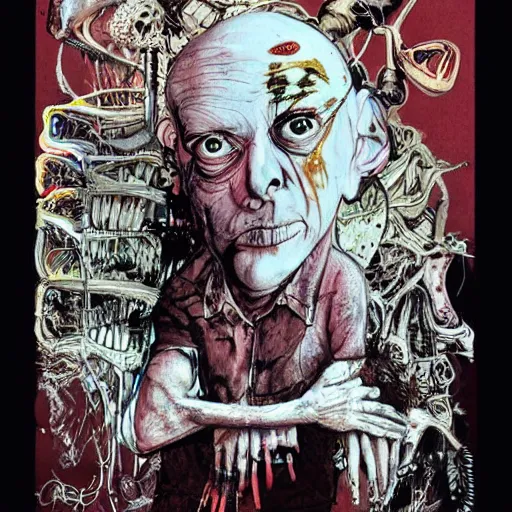 Image similar to Graphic Illustration, Creative Design, Good vs Evil, Biopunk, Body horror, by Ralph Steadman, Francis Bacon, Hunter S Thompson