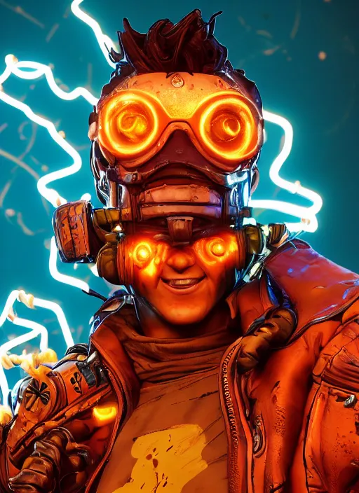 Image similar to glowwave portrait of curly orange hair man from borderlands 3, au naturel, hyper detailed, digital art, trending in artstation, cinematic lighting, studio quality, smooth render, unreal engine 5 rendered, octane rendered, art style by klimt and nixeu and ian sprigger and wlop and krenz cushart.