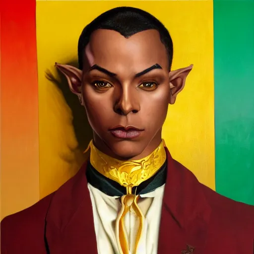 Image similar to portrait of a beautiful and androgynous half - elf with messy short red hair and dark skin tone and catlike features and yellow eyes with slit pupils, golden hour, wearing a colorful men's suit, dnd character, realistic painting by kehinde wiley and ross tran and gerald brom and tasha beckwith and alphonse mucha, trending on artstation