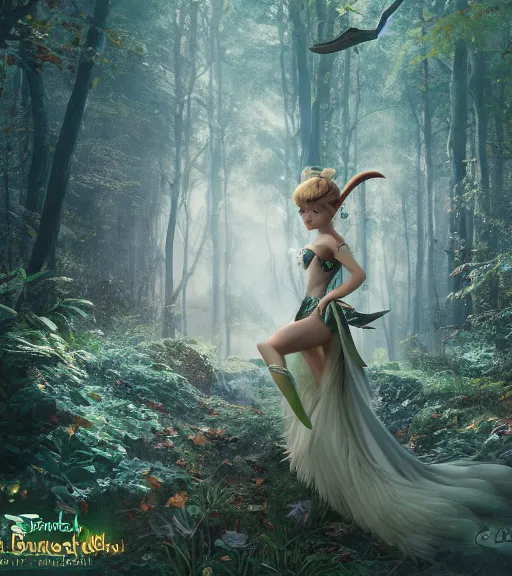 Image similar to evil tinker bell flying in an enchanted forest, flawless symmetrical pretty cute face, greg rutkowski, 8 k, shallow depth of field, intricate detail, concept art,