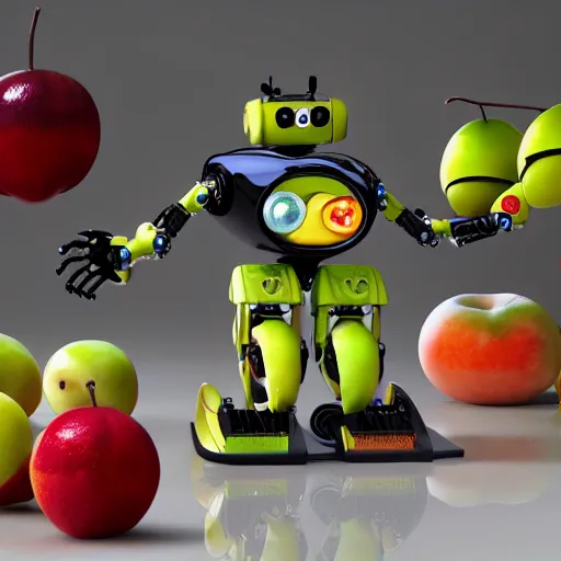 Image similar to a robot made entirely out of fruits, being chased by a vicious fruit - bat detailed, 8 k, trending on artstation, award - winning art,