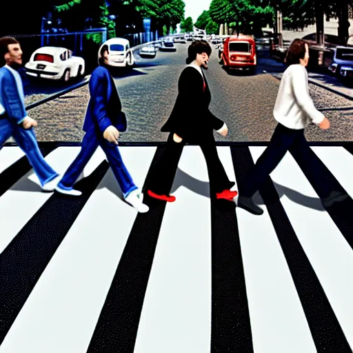 Image similar to 4 men walking on crosswalk on abbey road, city, digital art, 8 k.